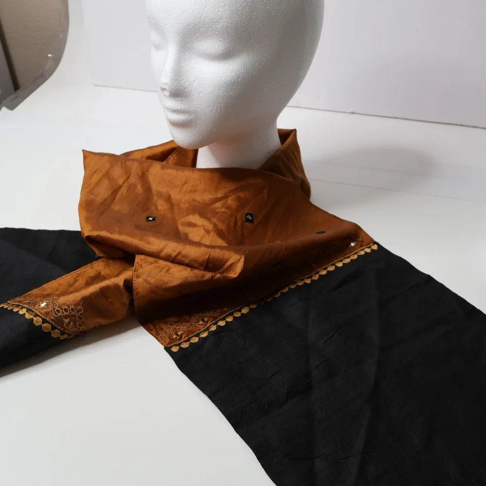 CRC India 100% Silk Scarf Rust‎ Black Gold Mirror Work Embroidered Artisan Wrap